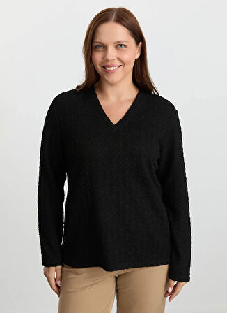 Selen V Yaka Armürlü Siyah Kadın Bluz 25KSL8306