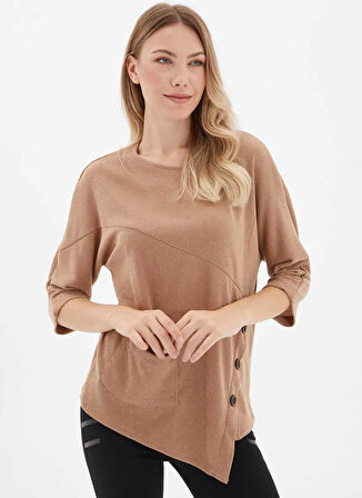 Selen Bisiklet Yaka Düz Bej Kadın Bluz 25KSL8217