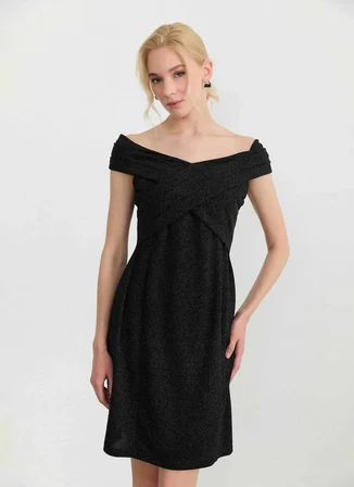 Selen Siyah Kadın V Yaka Standart Fit Elbise 26YSL7825