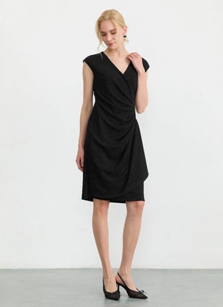 Selen Siyah Kadın Kruvaze Yaka Standart Fit Elbise 26YSL7826