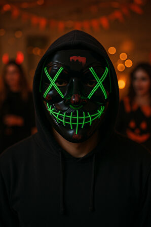 Halloween Cadılar Bayramı Maske Işıklı Pilli Yeşil Telli Korku Maskesi 