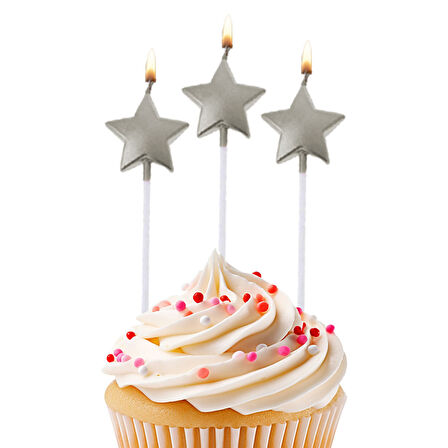 Mum Yıldız şekilli Gümüş renkli 4 lü çubuk dahil 14,5cm doğum günü mumları