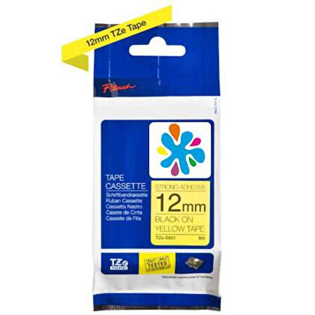 Brother TZe-S631 12mm Sarı üzerine Siyah Güçlü Yapışkanlı Laminasyonlu Muadil Etiket