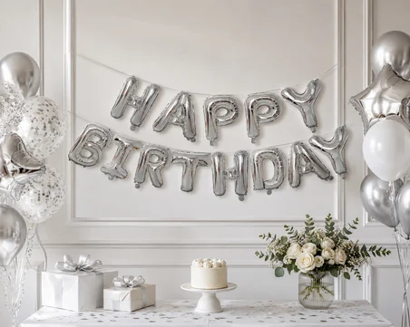 Happy Birthday Gümüş Folyo Balon Yazı Seti 13 Parça İpli Doğum Günü Parti Süsü Dekoru