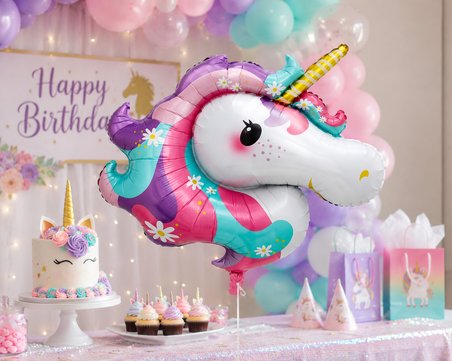 Unicorn Kafa Folyo Balon 86x107 cm Unicorn Temalı Doğum Günü Parti Süsü Dekorasyon Balonu