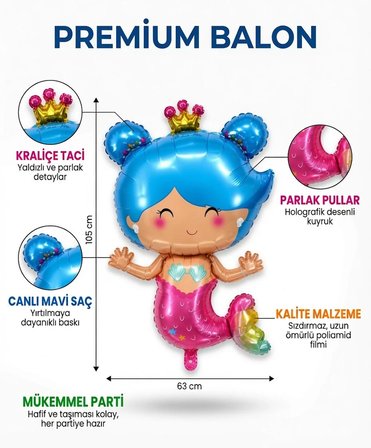 Taçlı Deniz Kızı Folyo Balon 63x105 cm Deniz Kızı Temalı Doğum Günü Parti Süsü Balonu