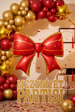 Mezuniyet Fiyonk Folyo Balon Kırmızı Gold 98x75 cm Mezuniyet Partisi Süsü Dekorasyonu