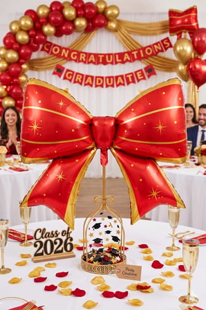 Mezuniyet Fiyonk Folyo Balon Kırmızı Gold 98x75 cm Mezuniyet Partisi Süsü Dekorasyonu