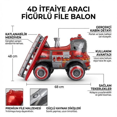 4D İtfaiye Aracı Folyo Balon 68x48 cm Doğum Günü Parti Süsü Temalı Dekorasyon Balonu
