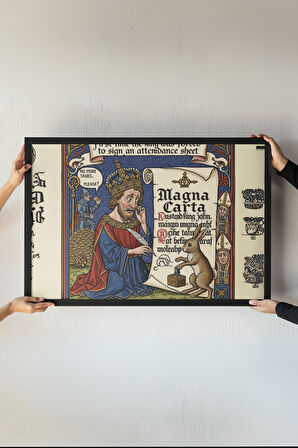 Magna Carta Çerçeveli Tablo – Kral John ve Orta Çağ Mizahı – Minyatür El Yazması Tasarımı – 30x42 cm
