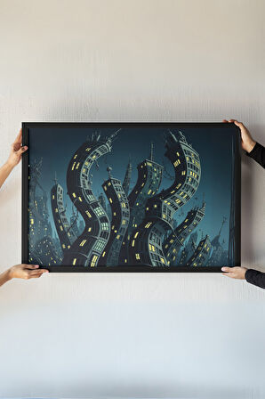 Surreal City Çerçeveli Tablo – Bükülmüş Binalar – Distopik Şehir – Modern ve Gotik Mimari 30x42 cm