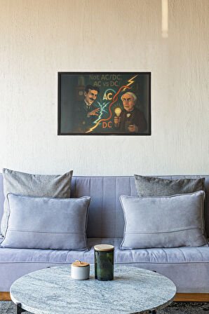 AC vs DC Çerçeveli Tablo – Tesla & Edison Elektrik İcadı – Bilim ve Mühendislik Dekoru – 30x42 cm