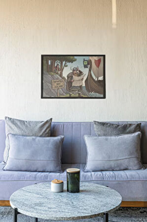 Viking Çerçeveli Tablo – Tarihi Mizah ve Viking Keşfi – Çizgi Roman Tarzı Duvar Dekoru – 30x42 cm