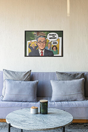 Frank Lloyd Wright & Zaha Hadid Çerçeveli Tablo – Çizgi Roman Tarzı Mimarlık Mizahı – 30x42 cm