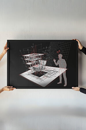 Architectural Blueprint Çerçeveli Tablo – Üç Boyutlu Mimari Çizim – Modern Kavramsal Dekor 30x42 cm