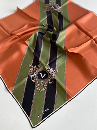 Vissona Twill Silk Scarf 16287 - 0037 - 0014 Green Orange Stripe Pattern