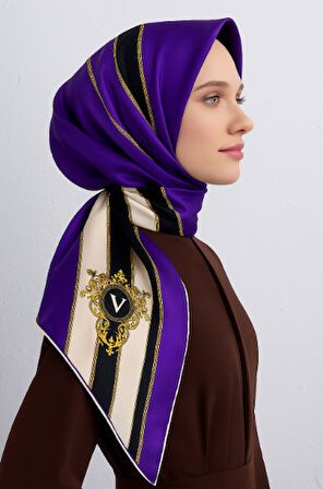 Vissona Tivil İpek Eşarp 16287 - 0023 - 0001 Mor Siyah Çizgi Desen