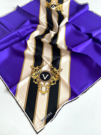 Vissona Tivil İpek Eşarp 16287 - 0023 - 0001 Mor Siyah Çizgi Desen