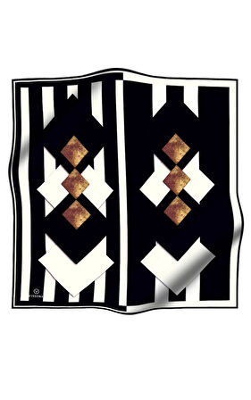%100 Twill İpek Karo Desenli Siyah - Krem Renkli 90x90 Eşarp Dikim Şekli : El Dikişi