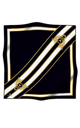 %100 Twill İpek Barok Ve Şerit Desenli Siyah - Krem Renkli 90x90 Eşarp Dikim Şekli : El Dikişi