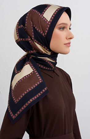 Vissona Tivil İpek Eşarp 17445 - 0026 - 0033 Lacivert Krem Geometrik Desen