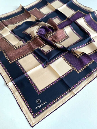 Vissona Tivil İpek Eşarp 17445 - 0026 - 0033 Lacivert Krem Geometrik Desen