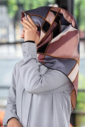 Vissona Tivil İpek Eşarp 17428 - 0019 - 0028 Pudra Lacivert Geometrik Desen