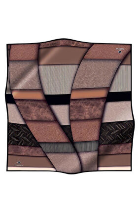 %100 Twill İpek Dokulu ve Geometrik Desenli Bej - Kahverengi Renkli 90x90 Eşarp Dikim Şekli : El Dikişi