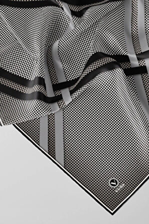Twill Çizgili Pötikareli Çizgili Desenli Siyah - Gri Renkli 90x90 Eşarp (İpek İçermez)