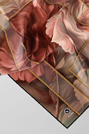 Twill Gül Desenli Somon - Mint Yeşili Renkli 90x90 Eşarp (İpek İçermez) Kenar Dikiş Şekli El Dikişli