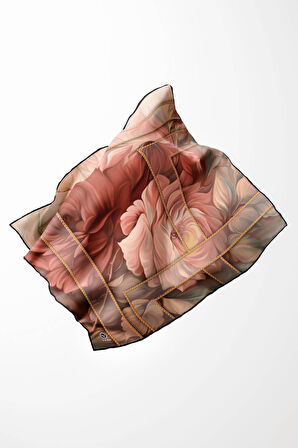 Twill Gül Desenli Somon - Mint Yeşili Renkli 90x90 Eşarp (İpek İçermez) Kenar Dikiş Şekli El Dikişli