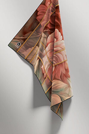 Twill Gül Desenli Somon - Mint Yeşili Renkli 90x90 Eşarp (İpek İçermez) Kenar Dikiş Şekli El Dikişli