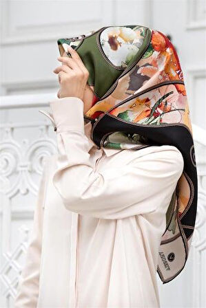 Vissona Tivil İpek Eşarp 17561 - 0037 - 0001 Haki Siyah Batik Desen