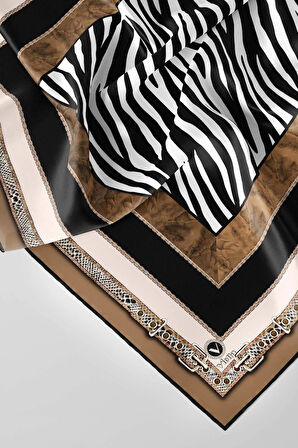 Twill Kemer Bordürlü Zincir Desenli Vizon Renkli 90x90 Eşarp (İpek İçermez) Kenar Dikiş Şekli El Dikişli