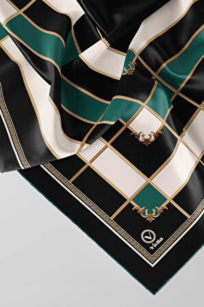 Twill Gold Detaylı Kareli Desenli Petrol Yeşili Renkli 90x90 Eşarp (İpek İçermez) Kenar Dikiş Şekli El Dikişli