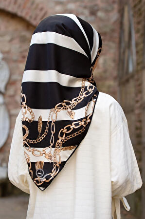 Twill Çizgili Zincir Desenli Siyah Renkli 90x90 Eşarp (İpek İçermez) Kenar Dikiş Şekli El Dikişli