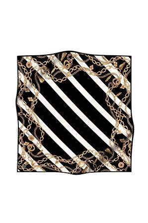 Twill Çizgili Zincir Desenli Siyah Renkli 90x90 Eşarp (İpek İçermez) Kenar Dikiş Şekli El Dikişli