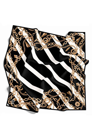 Twill Çizgili Zincir Desenli Siyah Renkli 90x90 Eşarp (İpek İçermez) Kenar Dikiş Şekli El Dikişli