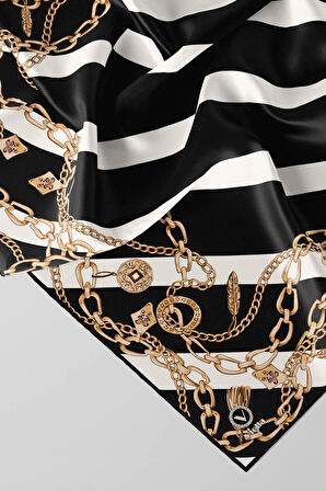 Twill Çizgili Zincir Desenli Siyah Renkli 90x90 Eşarp (İpek İçermez) Kenar Dikiş Şekli El Dikişli