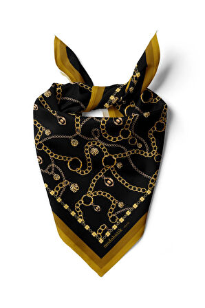 H13 Kadın Siyah Sarı Zincir Desenli 50x50 Bandana
