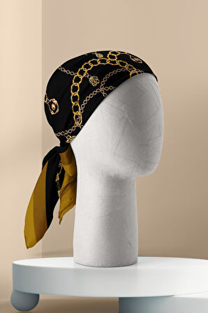 H13 Kadın Siyah Sarı Zincir Desenli 50x50 Bandana