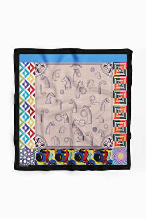 Kadın Krem Mavi Satranç Desenli 50x50 Bandana