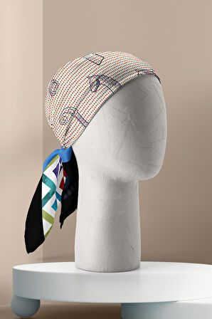 Kadın Krem Mavi Satranç Desenli 50x50 Bandana