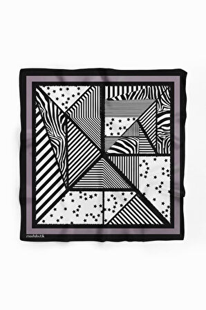 Kadın Sİyah Beyaz Square Star Desenli 50x50 Bandana