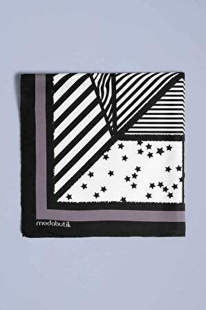 Kadın Sİyah Beyaz Square Star Desenli 50x50 Bandana