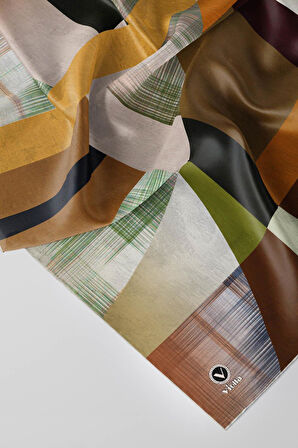 Twill Geometrik Desenli Vizon Renkli 90x90 Eşarp (İpek İçermez) Kenar Dikiş Şekli El Dikişli