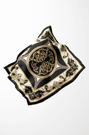 Twill Barok Desenli Siyah Renkli 90x90 Eşarp (İpek İçermez) Kenar Dikiş Şekli El Dikişli