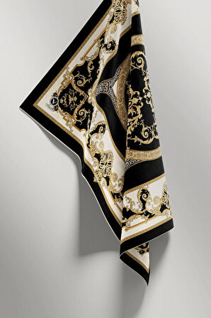 Twill Barok Desenli Siyah Renkli 90x90 Eşarp (İpek İçermez) Kenar Dikiş Şekli El Dikişli