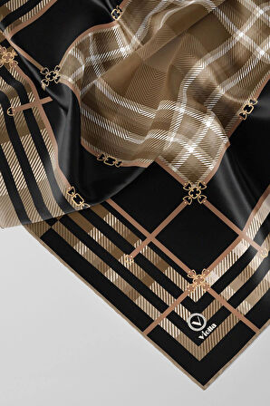 Twill Kemerli ve Ekose Desenli Siyah Renkli 90x90 Eşarp (İpek İçermez)Kenar Dikiş Şekli El Dikişli