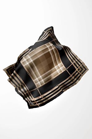 Twill Kemerli ve Ekose Desenli Siyah Renkli 90x90 Eşarp (İpek İçermez)Kenar Dikiş Şekli El Dikişli